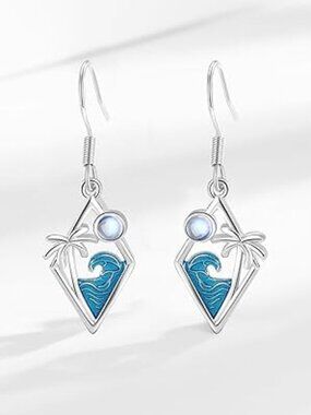 Silver Earrings Tropical Vacation Palm Tree and Waves Cruise